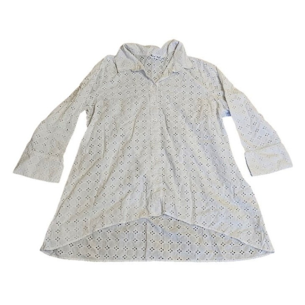 Habitat White Eyelet Button Down Shirt XL Cotton 3/4 Sleeve High Low Hem